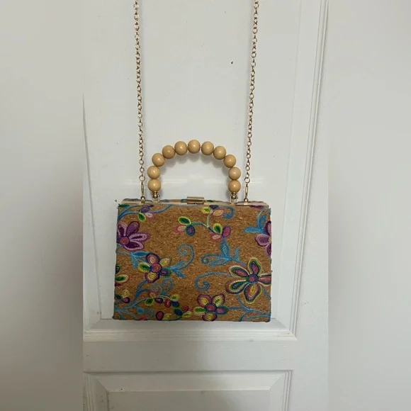 Embroidered Floral Cork Top-Handle Bag - Picture 5 of 6